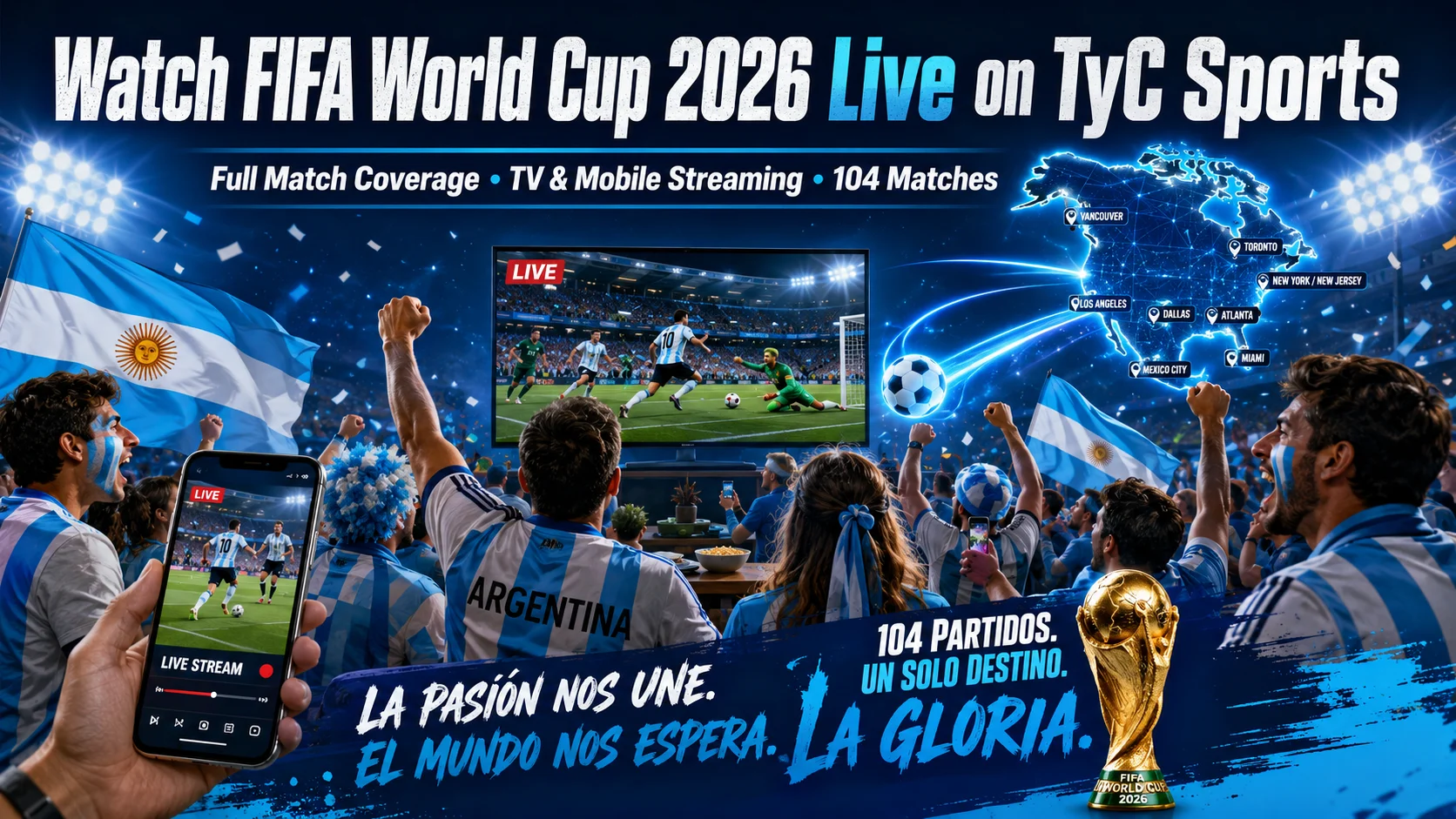 Watch FIFA World Cup 2026 live on TyC Sports with Argentine fans, TV broadcasts, mobile streaming, and match coverage.