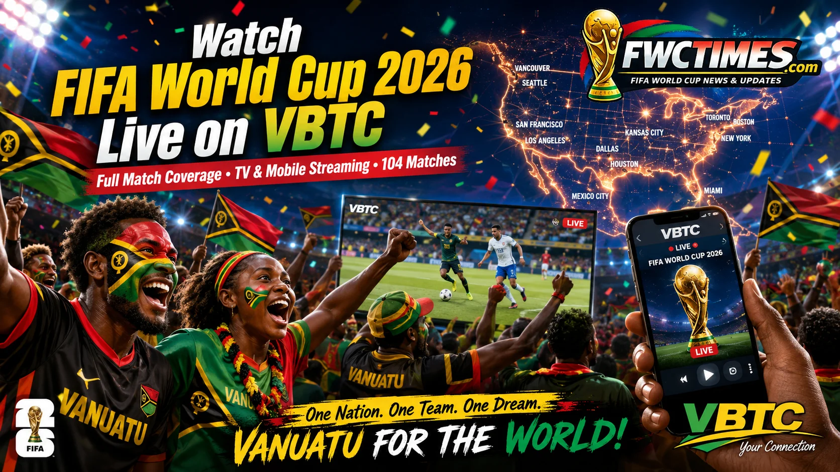 Vanuatu fans watch FIFA World Cup 2026 live on VBTC with TV coverage, mobile streaming, and full match action.