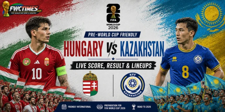 Hungary vs Kazakhstan Live Score, Result & Lineups Pre-World Cup Friendly graphic featuring both teams, live updates, match result, and starting lineups.