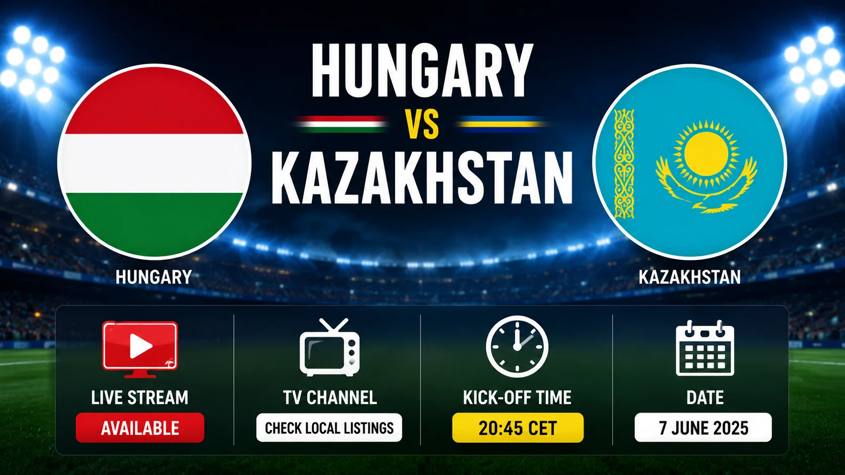 Hungary vs Kazakhstan Live Stream, How to Watch, TV Channel & Kick-off Time graphic featuring both teams, streaming details, TV coverage, and match schedule.