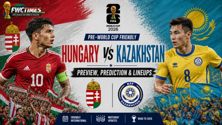 Hungary vs Kazakhstan Preview, Prediction & Lineups Pre-World Cup Friendly graphic featuring both teams, key players, predicted lineups, and match analysis.
