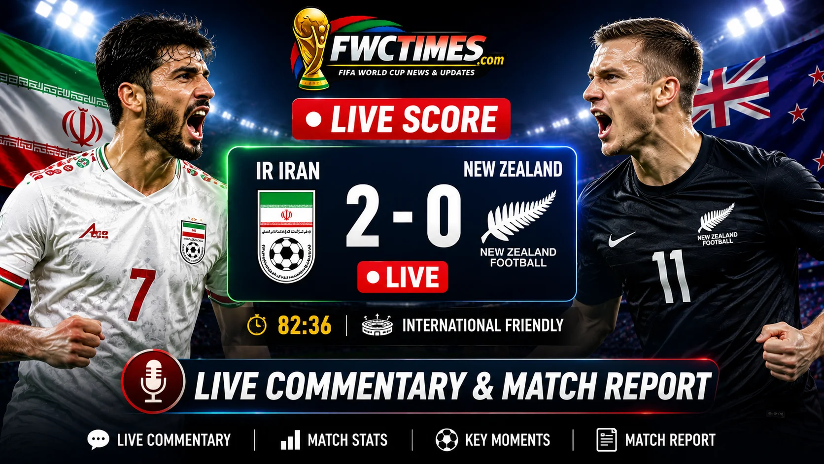 IR Iran vs New Zealand Live Score – Commentary & Match Report showing live match action, score updates, key moments, and expert analysis.