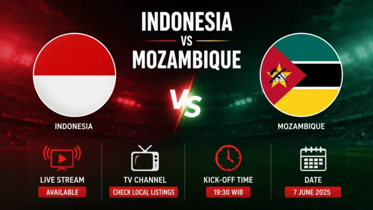 Indonesia vs Mozambique Live Stream, How to Watch, TV Channel & Kick-off Time graphic featuring both teams, streaming details, TV coverage, and match schedule.