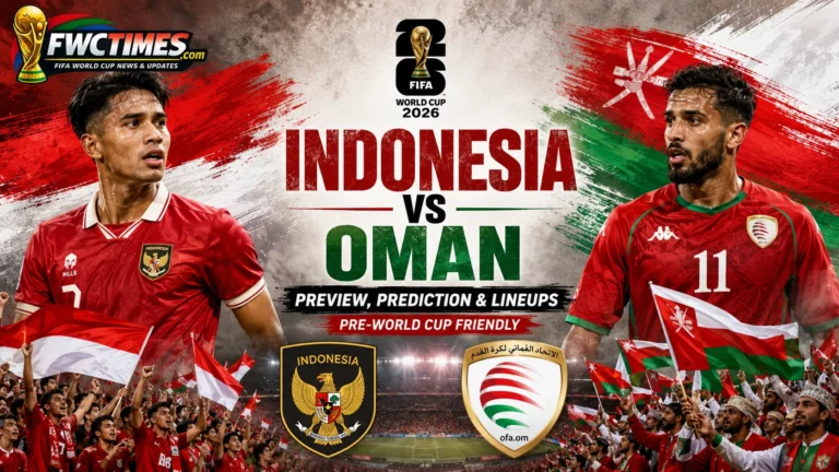 Indonesia vs Oman Preview, Prediction & Lineups Pre-World Cup Friendly graphic featuring both teams, predicted lineups, key players, and match analysis.