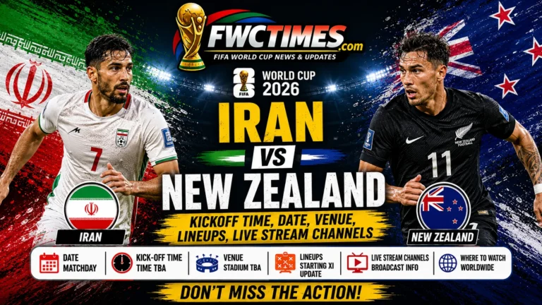 Iran vs New Zealand match guide with kickoff time, date, venue, lineups, and live stream channels for World Cup fans.