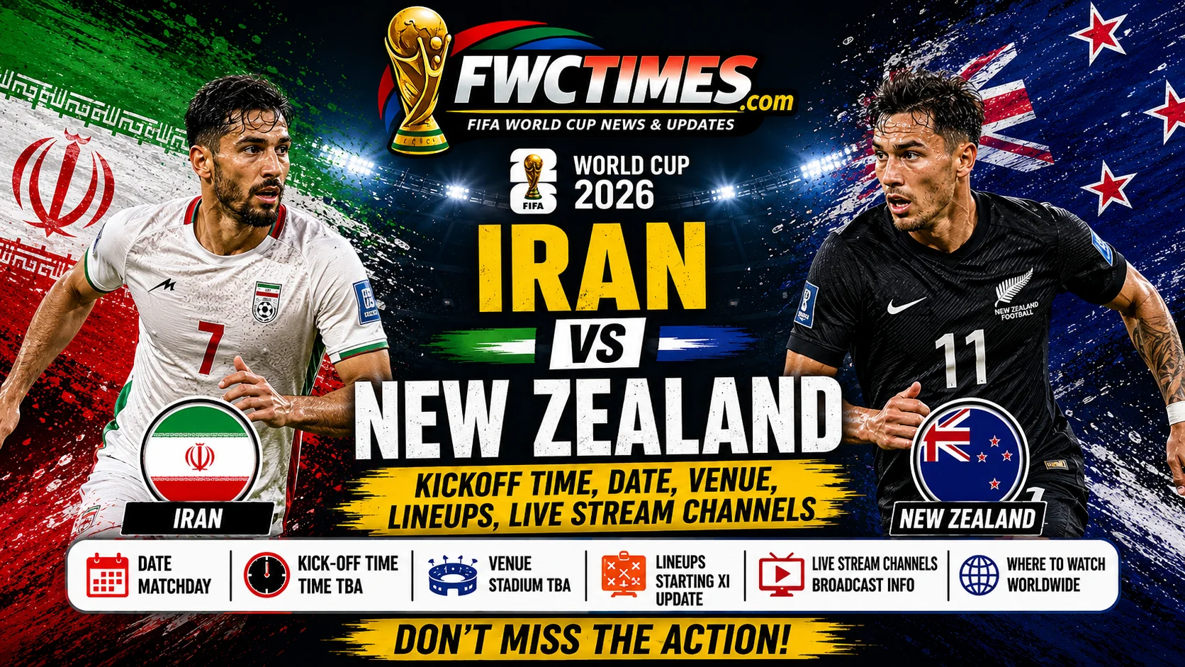Iran vs New Zealand match guide with kickoff time, date, venue, lineups, and live stream channels for World Cup fans.
