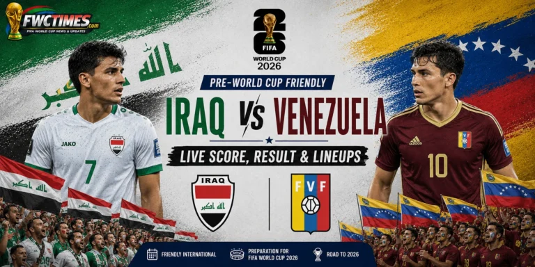 Iraq vs Venezuela Live Score, Result & Lineups Pre-World Cup Friendly graphic featuring both teams, live updates, match result, and starting XIs.