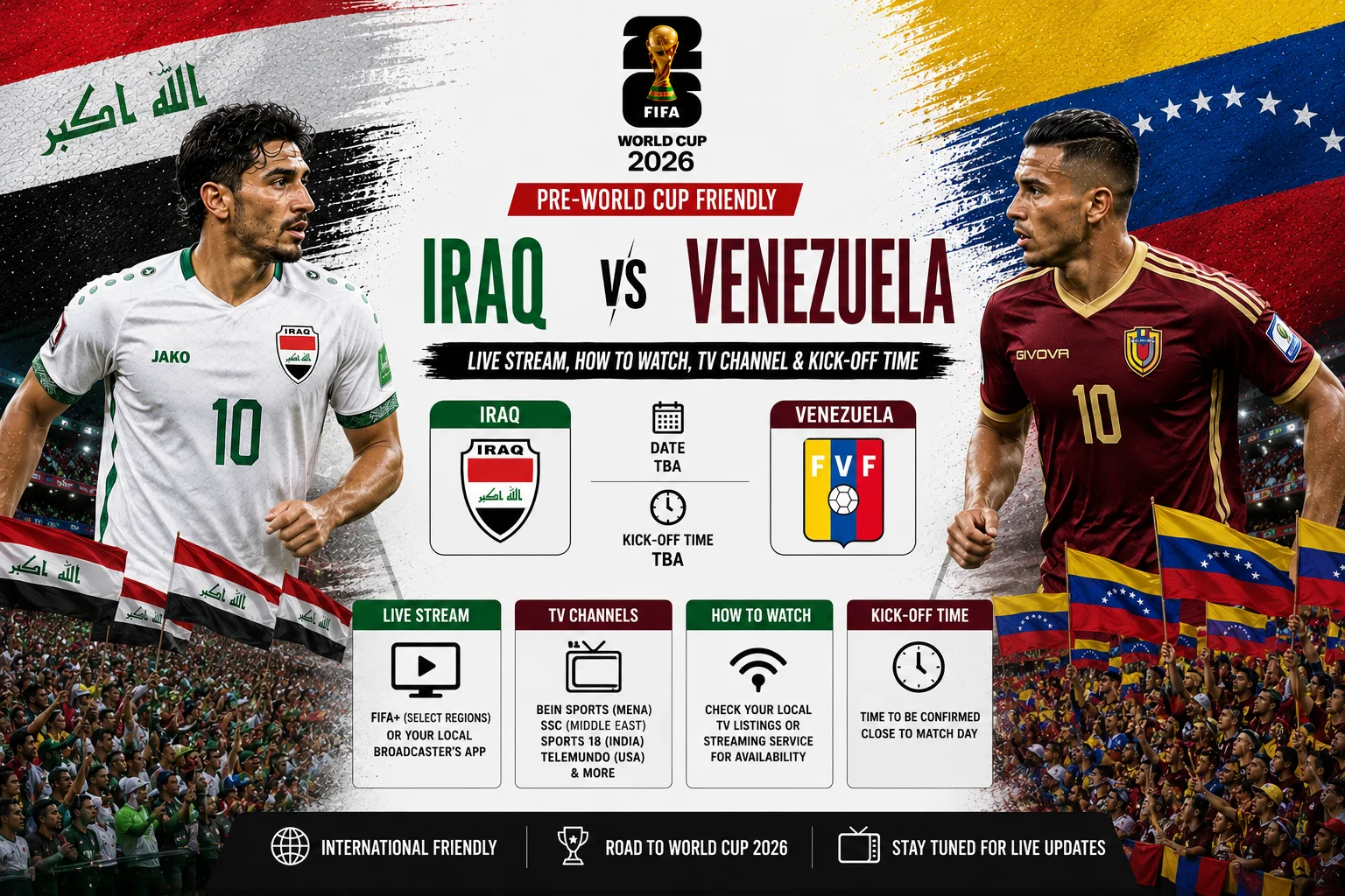 Iraq vs Venezuela Live Stream, How to Watch, TV Channel & Kick-off Time graphic featuring both teams, streaming details, TV coverage, and match schedule.