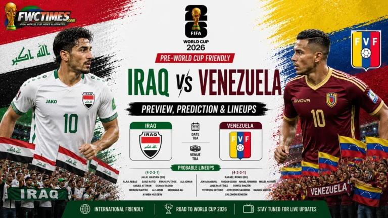 Iraq vs Venezuela Preview, Prediction & Lineups Pre-World Cup Friendly graphic featuring both teams, key players, predicted lineups, and match analysis.