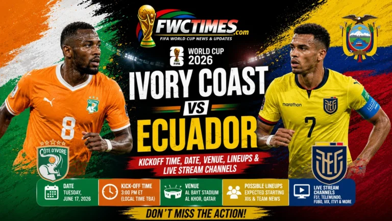 Ivory Coast vs Ecuador match guide graphic with kickoff time, date, venue, lineups, and live stream channels—click for details.