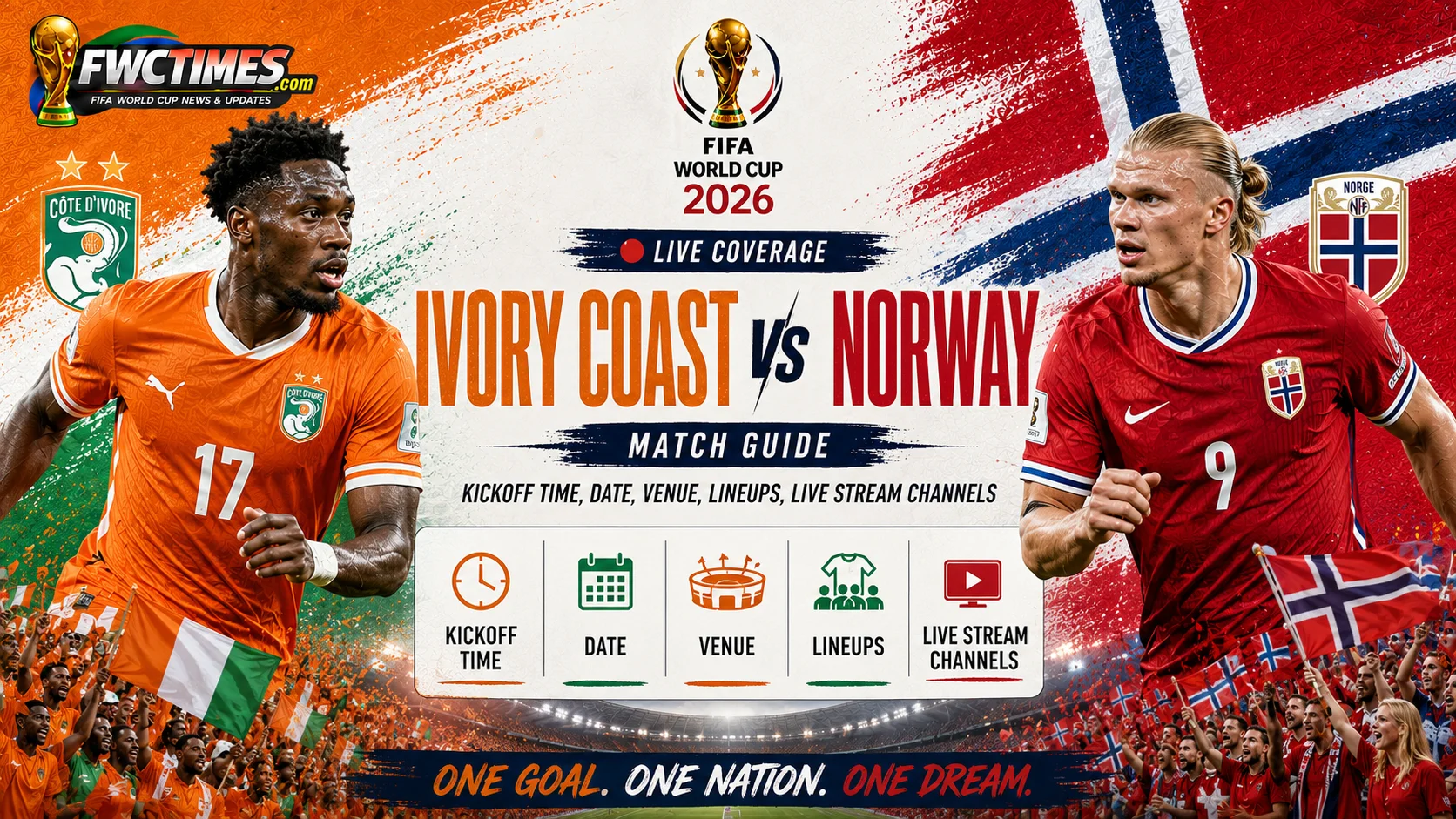 Ivory Coast vs Norway match graphic with kickoff time, date, venue, lineups and live stream channels—click for full details.