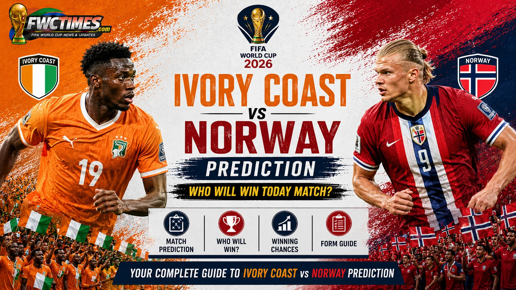 Ivory Coast vs Norway prediction graphic with today’s match winner analysis, team form and key players—click to see who could win.