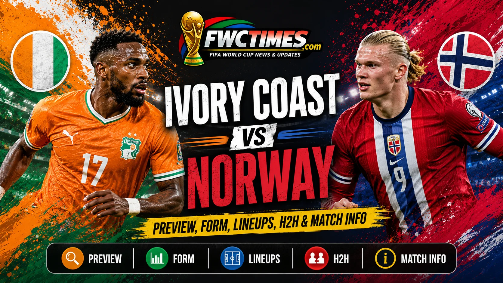 Ivory Coast vs Norway preview graphic with form, lineups, H2H and match info—click to explore the full game guide.