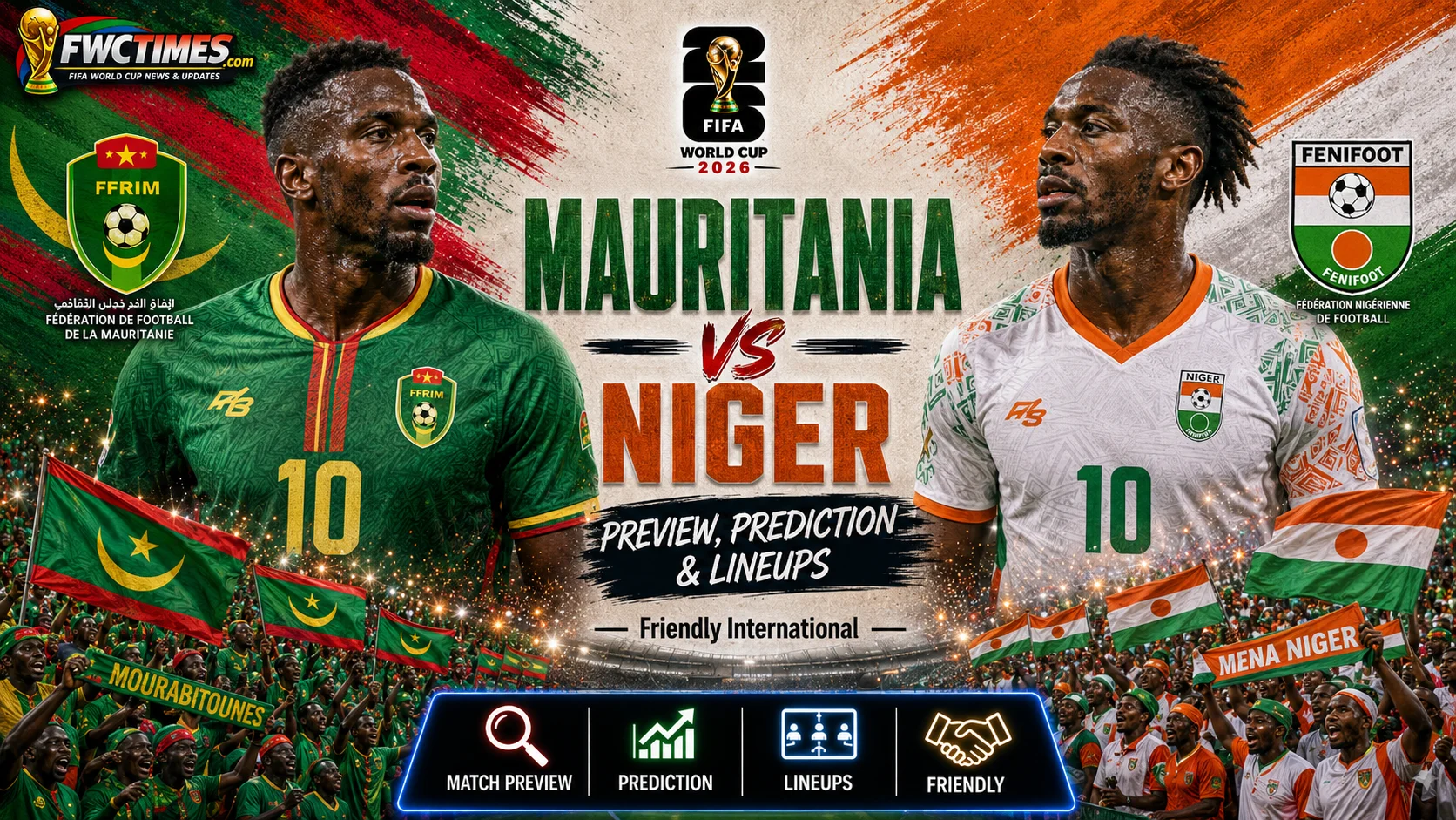 Mauritania vs Niger preview graphic featuring predicted lineups, match analysis, and score prediction for the Friendly International clash. Click for full details.