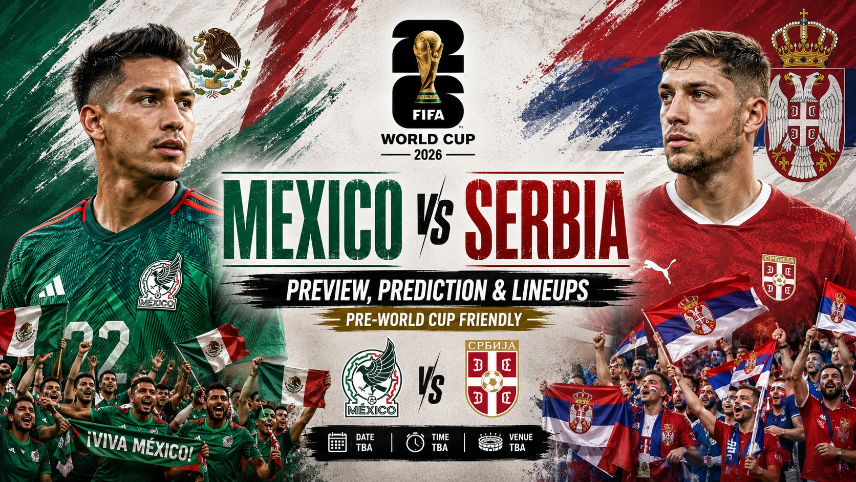 Mexico vs Serbia preview graphic showing predicted lineups, key players, and match prediction ahead of the pre-World Cup friendly clash. Click for full analysis.