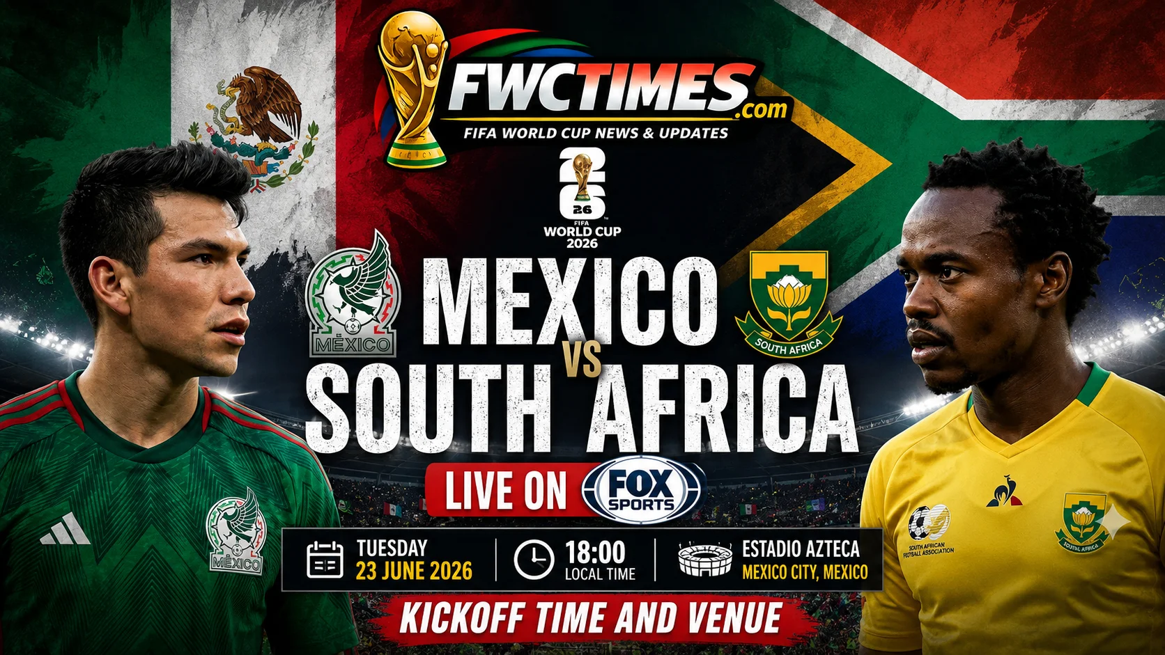 Mexico vs South Africa live on FOX Sports with kickoff time, venue details, and match coverage info for fans ready to watch.