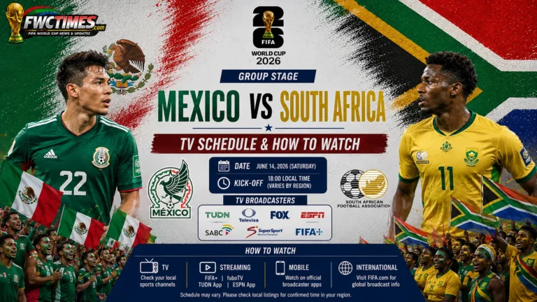 Mexico vs South Africa World Cup 2026 TV Schedule graphic featuring kickoff time, TV channels, streaming options, and how to watch match coverage.