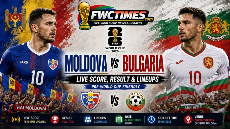 Moldova vs Bulgaria Live Score, Result & Lineups Pre-World Cup Friendly graphic featuring both teams, live updates, match result, and starting lineups.