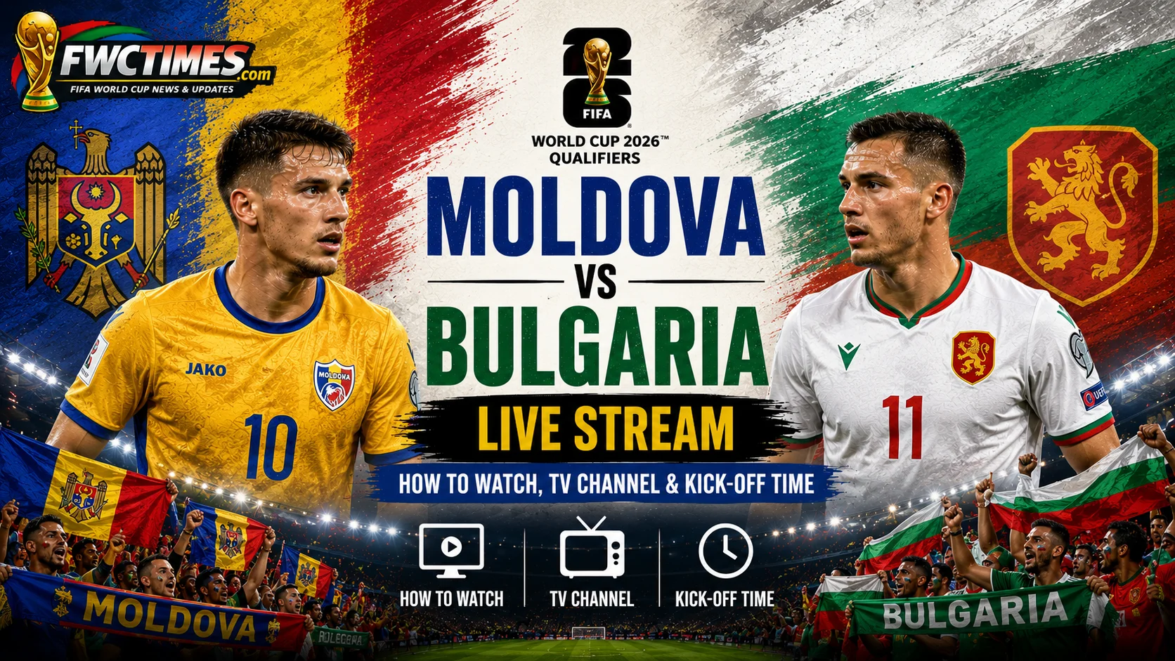 Moldova vs Bulgaria Live Stream, How to Watch, TV Channel & Kick-off Time graphic featuring both teams, streaming details, TV coverage, and match schedule.