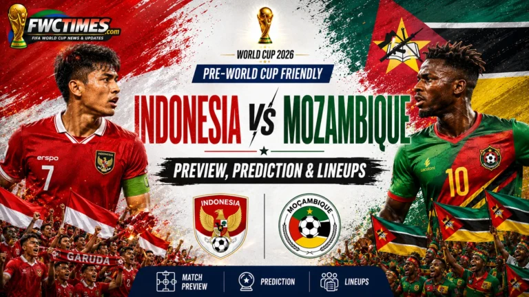 Indonesia vs Mozambique Preview, Prediction & Lineups Pre-World Cup Friendly graphic featuring both teams, key players, predicted lineups, and match insights.