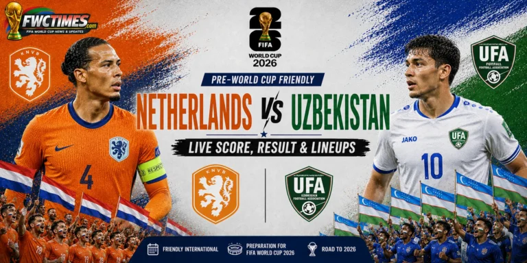 Netherlands vs Uzbekistan Live Score, Result & Lineups Pre-World Cup Friendly graphic featuring both teams, live updates, match result, and starting XIs.