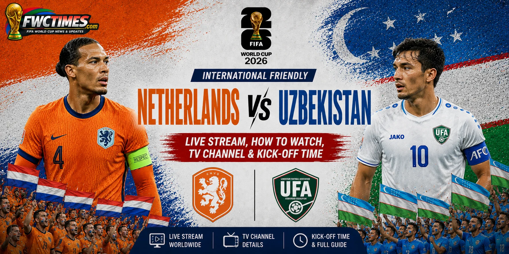 **Alt Text (≤155 characters):** Netherlands vs Uzbekistan Live Stream, How to Watch, TV Channel & Kick-off Time graphic featuring both teams, streaming details, TV coverage, and match schedule.