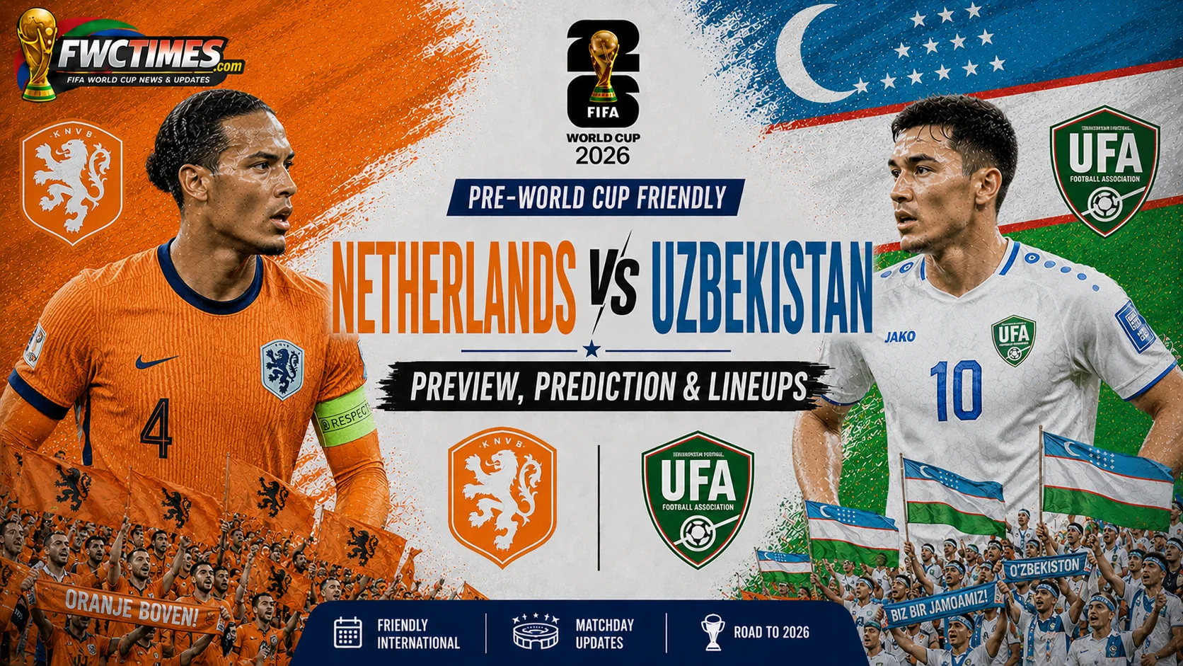 Netherlands vs Uzbekistan Preview, Prediction & Lineups Pre-World Cup Friendly graphic featuring both teams, key players, predicted lineups, and match insights.
