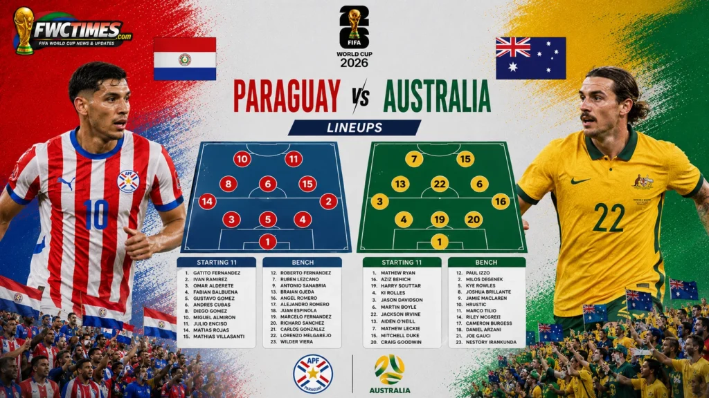 Paraguay vs Australia lineups guide with starting 11, bench players, team formation, squad news, and World Cup 2026 match details.