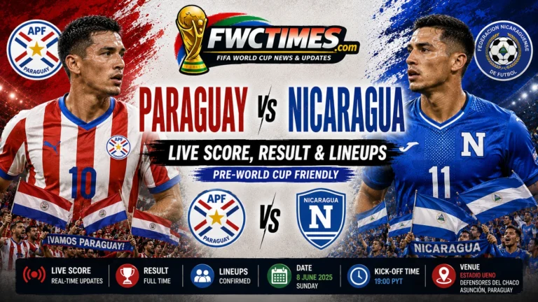 **Alt Text (≤155 characters):** Paraguay vs Nicaragua Live Score, Result & Lineups Pre-World Cup Friendly graphic featuring both teams, live updates, match result, and starting lineups.