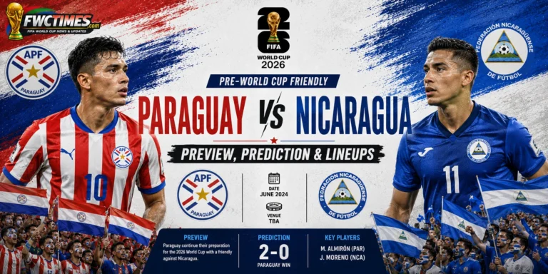 Paraguay vs Nicaragua Preview, Prediction & Lineups Pre-World Cup Friendly graphic featuring both teams, predicted lineups, key players, and match insights.