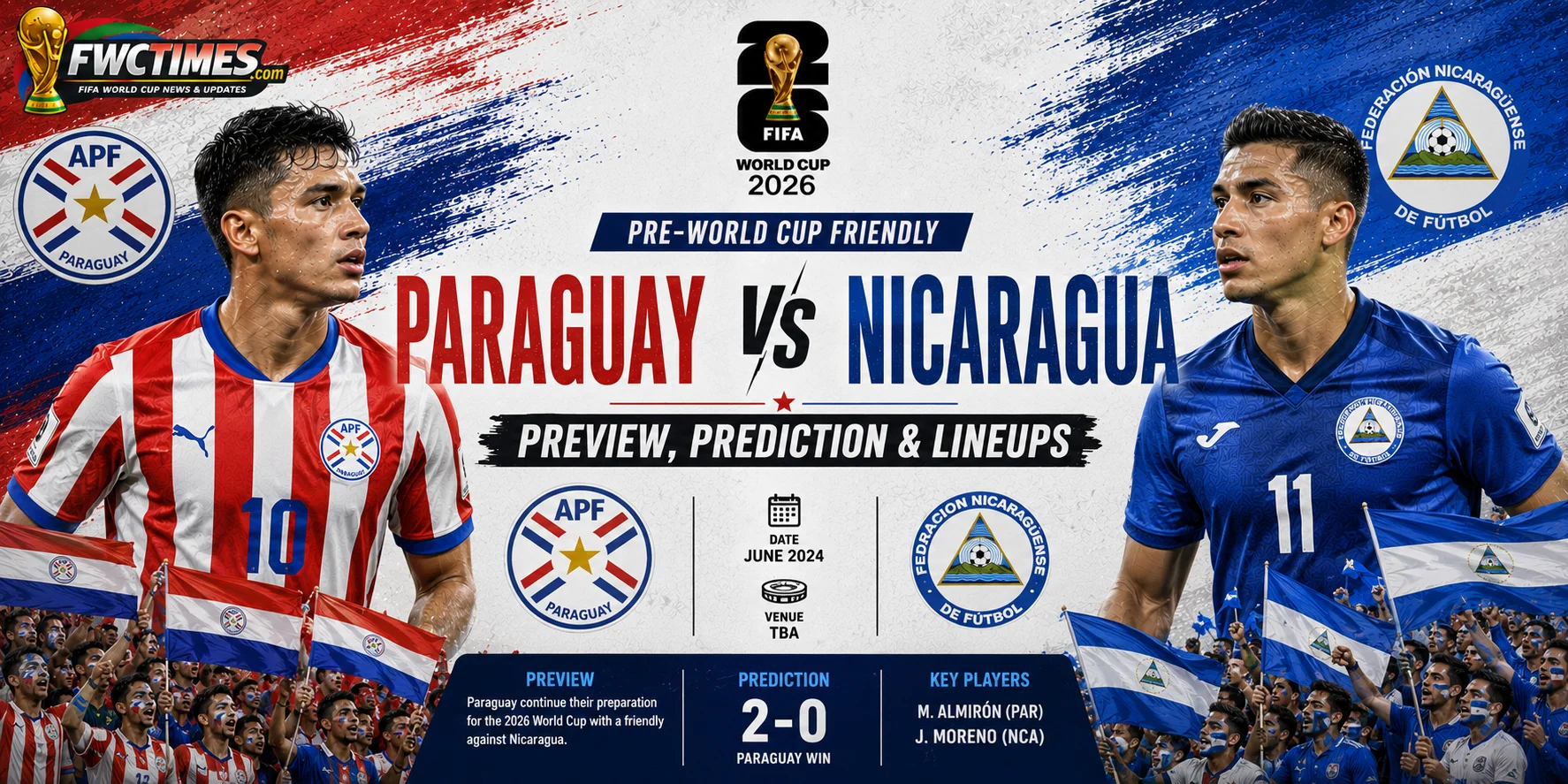 Paraguay vs Nicaragua Preview, Prediction & Lineups Pre-World Cup Friendly graphic featuring both teams, predicted lineups, key players, and match insights.