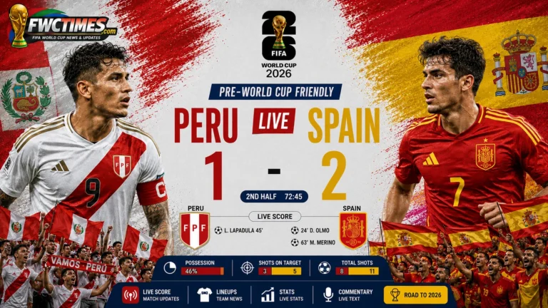 Peru vs Spain Live Score, Result & Lineups Pre-World Cup Friendly graphic featuring both teams, live updates, match result, and starting XIs.