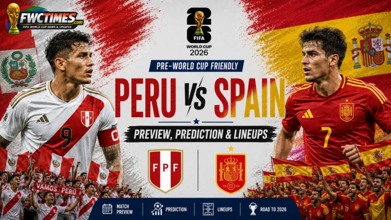 Peru vs Spain Preview, Prediction & Lineups Pre-World Cup Friendly graphic featuring both teams, key players, predicted lineups, and match analysis.