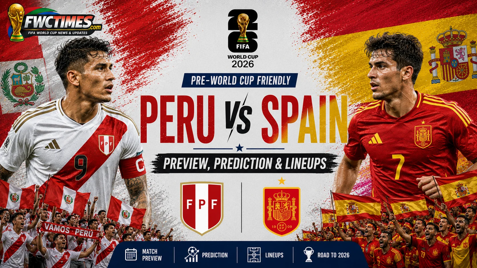 Peru vs Spain Preview, Prediction & Lineups Pre-World Cup Friendly graphic featuring both teams, key players, predicted lineups, and match analysis.