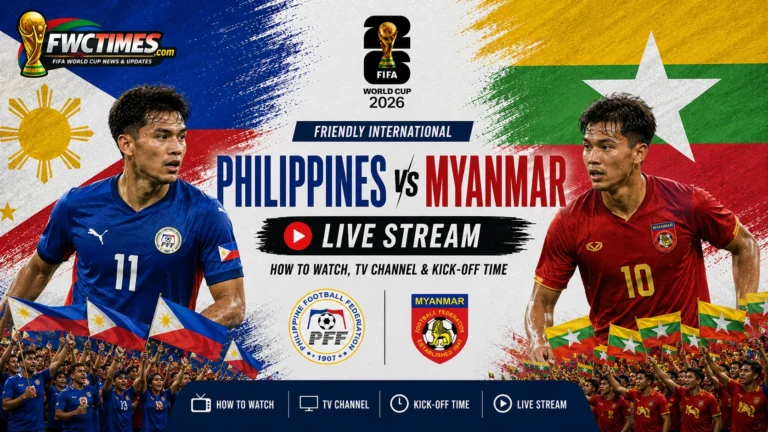 Philippines vs Myanmar live stream graphic with TV channel and kick-off time details—click to see how to watch the friendly.