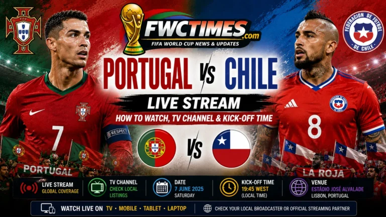 Portugal vs Chile Live Stream, How to Watch, TV Channel & Kick-off Time graphic featuring both teams, streaming details, TV coverage, and match schedule.