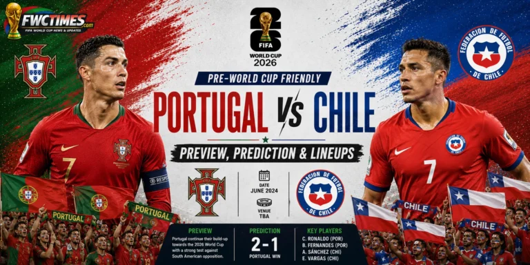 Portugal vs Chile Preview, Prediction & Lineups Pre-World Cup Friendly graphic featuring both teams, key players, predicted lineups, and match insights.
