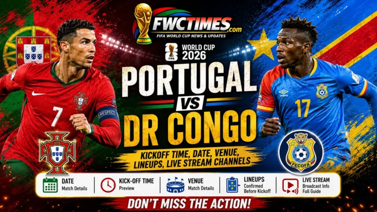 Portugal vs DR Congo match guide with kickoff time, date, venue, lineups, and live stream channels for World Cup fans.