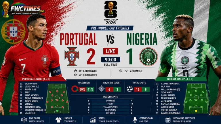 Portugal vs Nigeria Live Score, Result & Lineups Pre-World Cup Friendly graphic featuring both teams, live updates, match result, and starting XIs.
