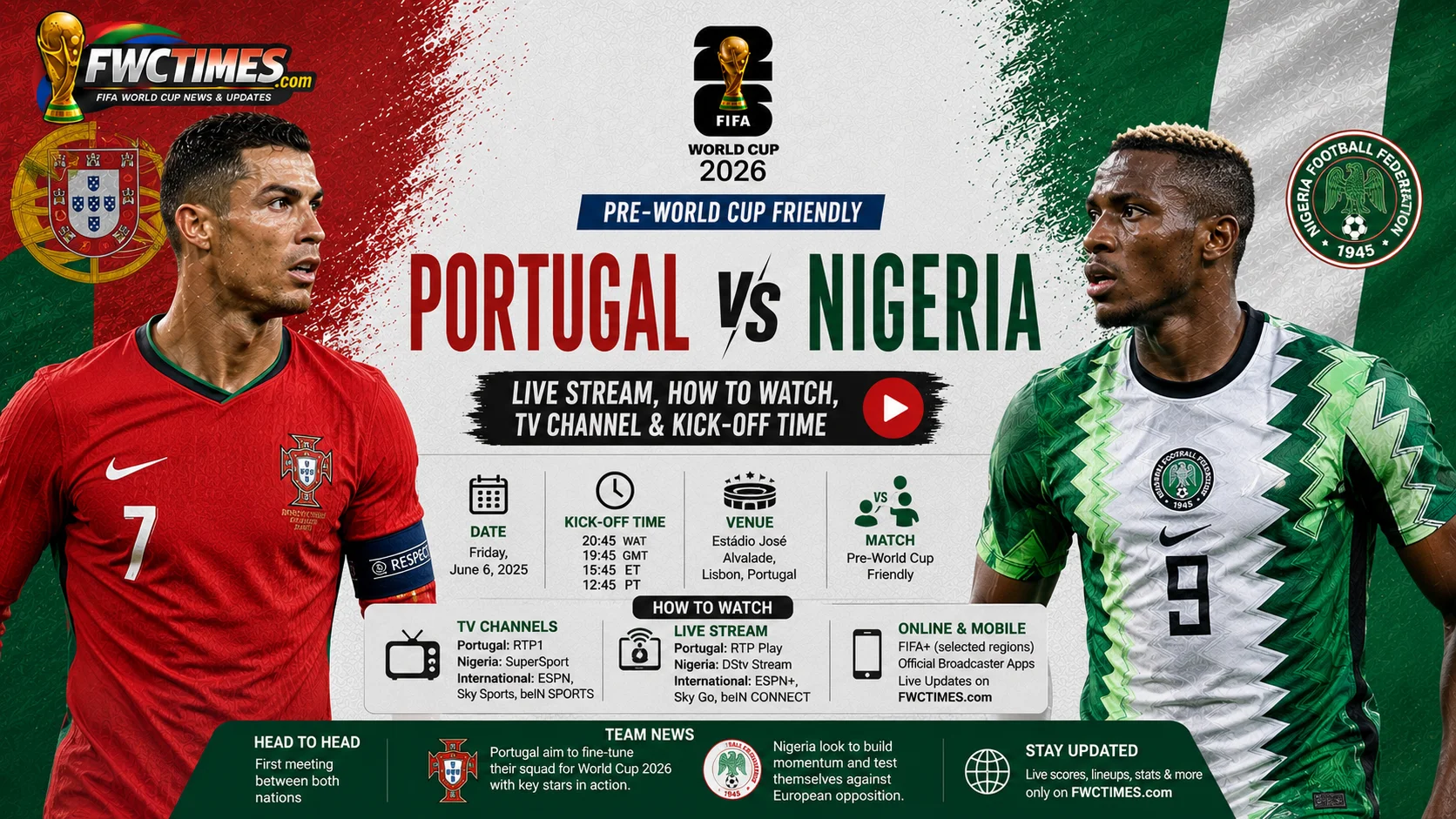 Portugal vs Nigeria Live Stream, How to Watch, TV Channel & Kick-off Time graphic featuring both teams, streaming details, TV coverage, and match schedule.