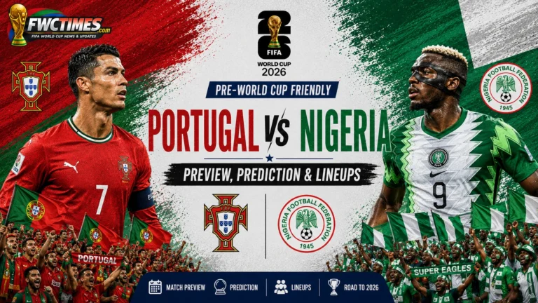 Portugal vs Nigeria Preview, Prediction & Lineups Pre-World Cup Friendly graphic featuring both teams, key players, predicted lineups, and match analysis.