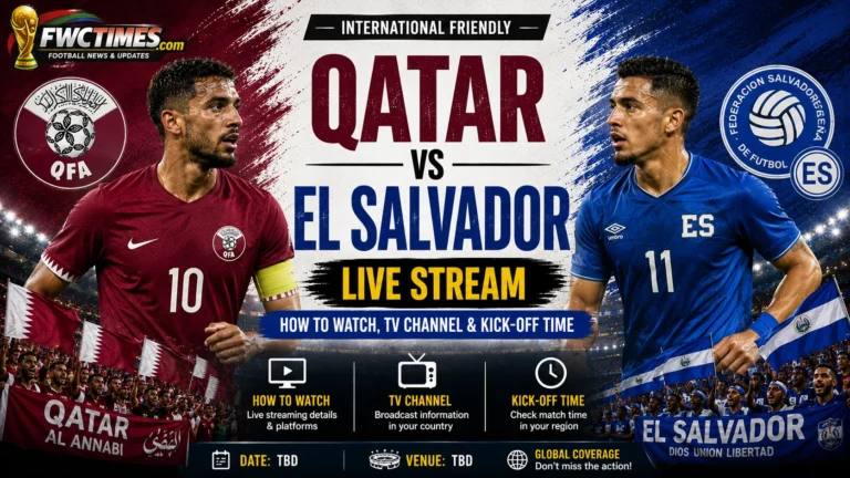Qatar vs El Salvador Live Stream, How to Watch, TV Channel & Kick-off Time graphic featuring both teams, streaming details, TV coverage, and match schedule.