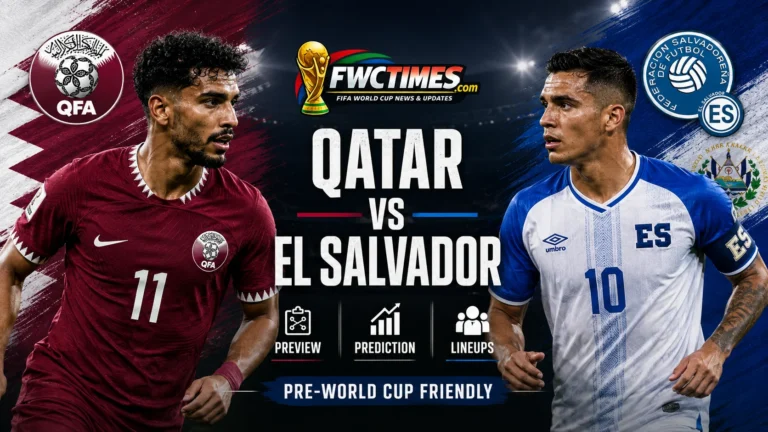 Qatar vs El Salvador Preview, Prediction & Lineups Pre-World Cup Friendly graphic featuring both teams, key players, predicted lineups, and match insights.