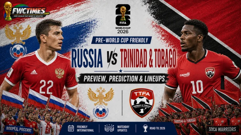 Russia vs Trinidad and Tobago Preview, Prediction & Lineups Pre-World Cup Friendly graphic featuring both teams, predicted XIs, key players, and match insights.