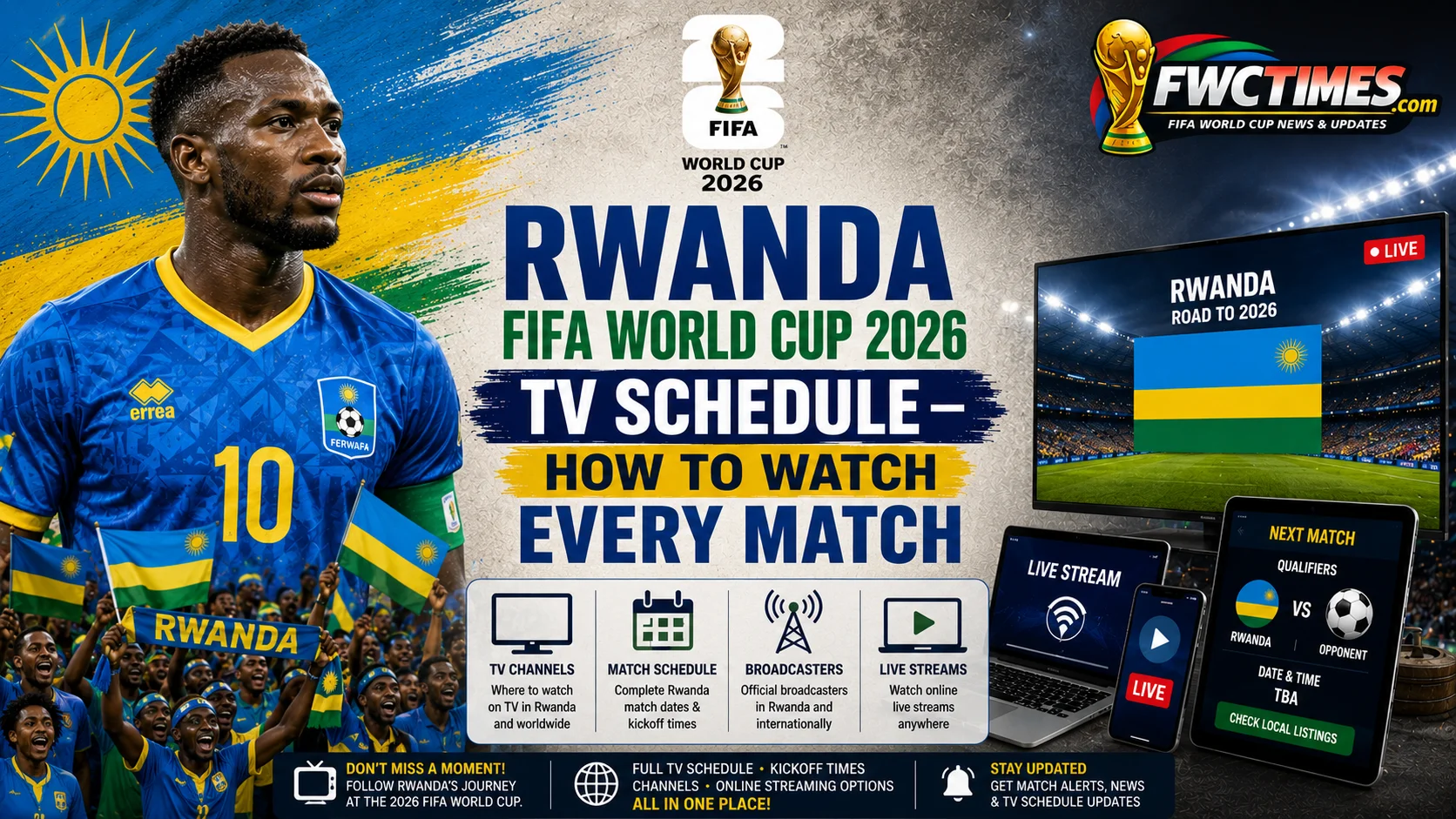 Sierra Leone FIFA World Cup 2026 TV Schedule graphic featuring match dates, kickoff times, broadcast channels, and live streaming information.