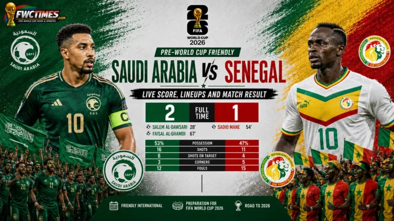 Saudi Arabia vs Senegal Live Score, Lineups and Match Result Pre-World Cup Friendly graphic featuring both teams, live updates, result, and startin