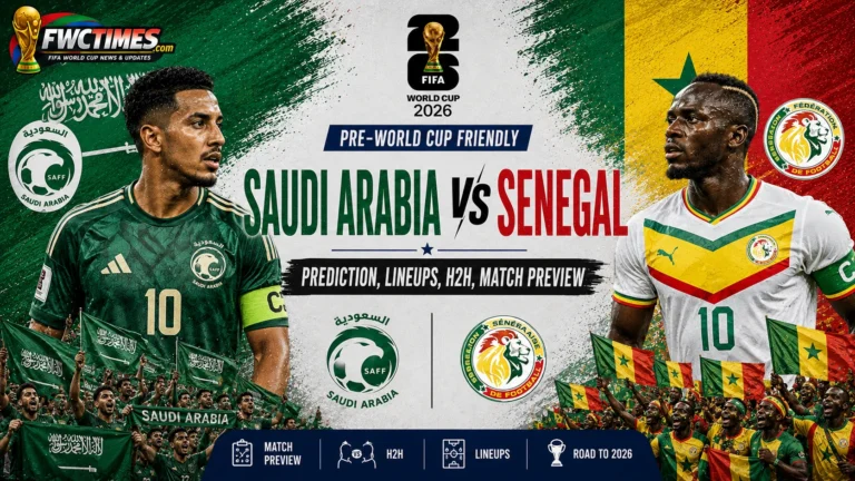 Saudi Arabia vs Senegal Prediction, Lineups, H2H, Match Preview graphic featuring both teams, head-to-head stats, predicted XIs, and match analysis