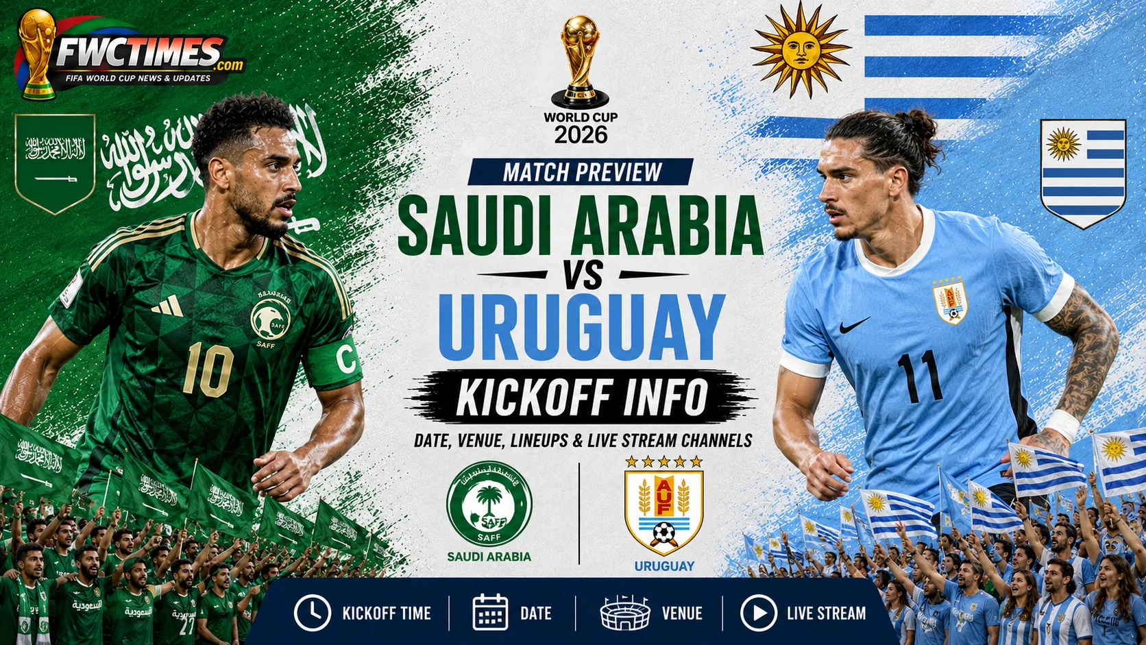 Saudi Arabia vs Uruguay match guide with kickoff time, date, venue, lineups, and live stream channels for World Cup fans.