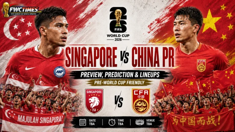 Singapore vs China PR Preview, Prediction & Lineups Pre-World Cup Friendly graphic featuring key players, match analysis and expected starting XIs.