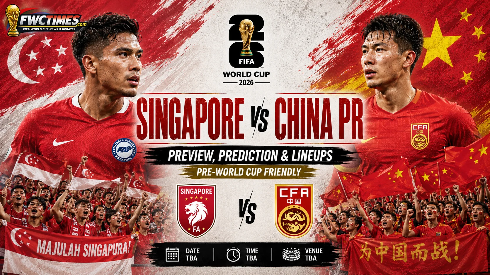 Singapore vs China PR Preview, Prediction & Lineups Pre-World Cup Friendly graphic featuring key players, match analysis and expected starting XIs.